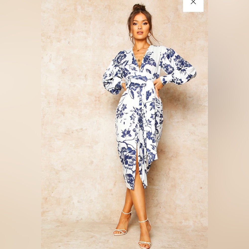 FLORAL PRINT PLUNGE TIE WAIST MIDI DRESS NWT